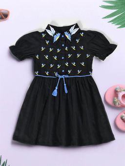 Bella Moda - Girls Black Embroidered Knee Length Dress