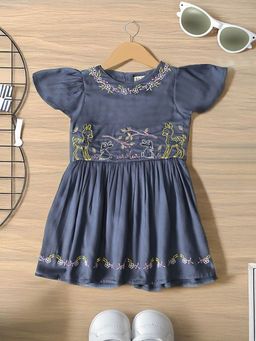 Bella Moda - Girls Blue Embroidered Knee Length Dress