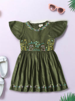 Bella Moda - Girls Green Embroidered Knee Length Dress