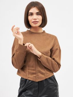 Kibo - Womens Suede Solid Tan Corset Sweatshirt
