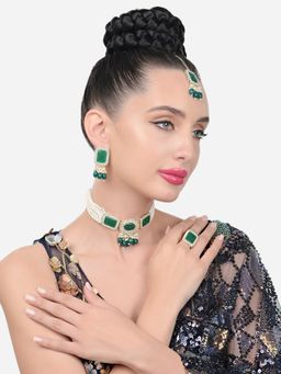 Zaveri Pearls - Green Multistrand Choker Necklace Earring Maangtikka Ring Set-ZPFK15567