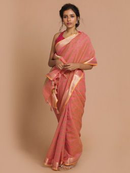 Indethnic - Banarasi Pink Printed Daily Wear Saree With Unstitched Blouse