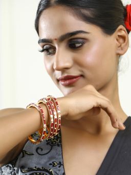 Adwitiya - Women Gold Plated Stone Studded Stone Red Bangles (Set of 4)