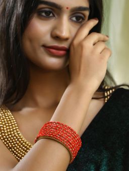 Adwitiya - Women Gold Plated Red Faux Beaded Bangles (Set of 8)