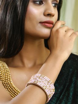 Adwitiya - Women Gold Plated Pink Faux Beaded Stone Studded Bangles (Set of 8)