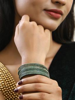 Adwitiya - Women Dark Green Stone Studded Bangles (Set of 12)