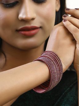 Adwitiya - Women Dark Red Stone Studded Bangles (Set of 12)
