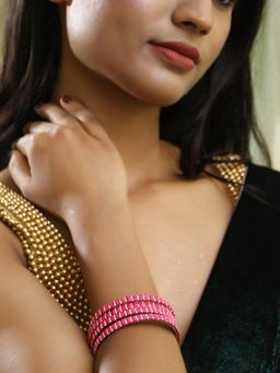 Adwitiya - Women Rhodium Plated Pink Stone and Tiny Diamond Studded Bangles (Set of 4)