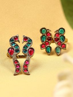 OOMPH - Maroon and Green Jadau Rings - Bird Design - Moti Manik Theme (Set of 2)