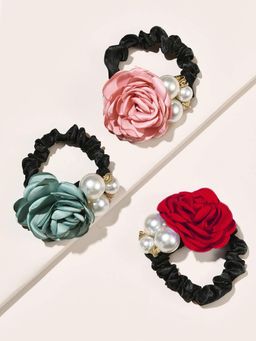 OOMPH - Red, Peach and Green Floral Satin Silk Scrunchy Hair Tie Rubber Band (Set of 3)