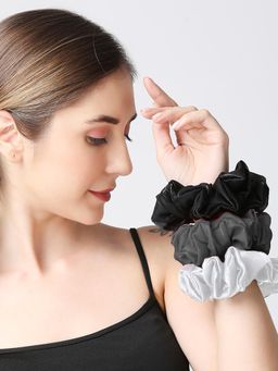 OOMPH - Tissue Satin Scrunchy -Black, White and Grey - for Women (Set of 3)