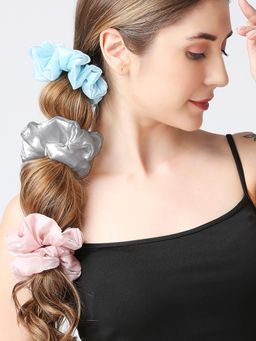 OOMPH - Tissue Satin Scrunchy -Turquoise Blue, Black Grey, Peach Pink (Set of 3)