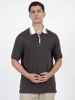 Ben Sherman - Men Grey Cotton Solid Polo T-Shirt