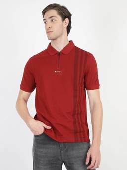 Ben Sherman - Maroon Cotton Stripes Polo T-Shirt