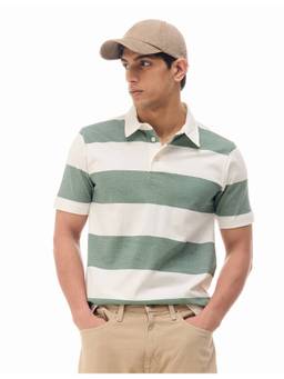 Flying Machine - Green Cotton Horizontal Stripes Polo T-Shirt