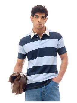 Flying Machine - Navy Blue Cotton Horizontal Stripes Polo T-Shirt