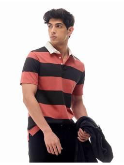 Flying Machine - Coral Cotton Horizontal Stripes Polo T-Shirt