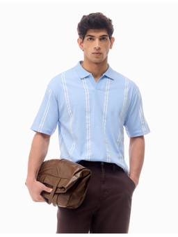 Flying Machine - Blue Cotton Vertical Stripes Polo T-Shirt