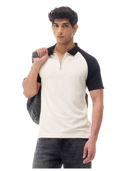 Flying Machine - White Cotton Blend Colorblock Polo T-Shirt