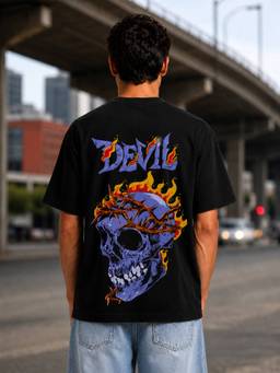 HAZUKU - Black Oversized Devil Flaming Skull Graphic Back Print T-Shirt