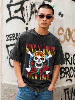 HAZUKU - Black Vintage Acid Wash Guns N' Roses 1988 Tour Oversized T-Shirt