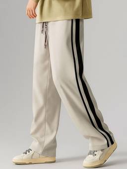 MANIAC - Beige Cotton Double Drive Stripes Baggy Trackpant