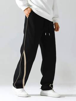 MANIAC - Piping Black Cotton Stripes Baggy Trackpant