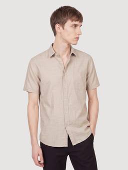 max - Men Solid Slim Fit Beige Shirt
