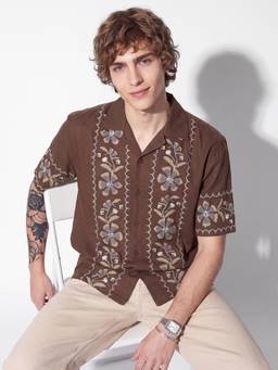 max - URB_N Men Embroidered Brown Shirt