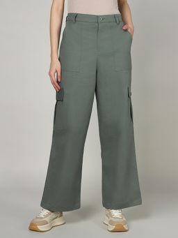 Sands of India - Women’S Dusky Aloe Green Wide-Leg Cargo Pants