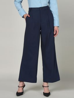 Sands of India - Women Navy Blue Pleated Wide-Leg Korean Formal Pants