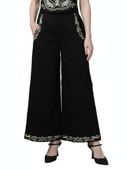 Sands of India - Women’S Black Embroidered Wide-Leg Pants