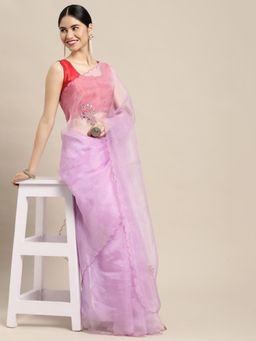 Vastranand - Lavender Floral Embroidered Organza Saree with Unstitched Blouse