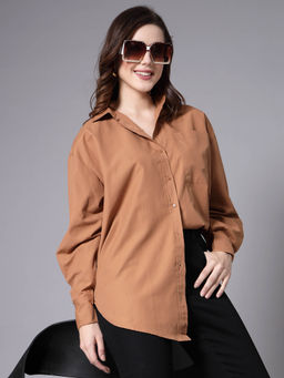 Style Quotient - Women Solid Tan Cotton Smart Casual Oversized Shirt
