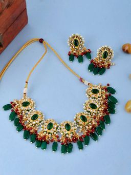 Shoshaa - Gold Platead Green Red Kundan Beaded Jewellery Set