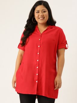 theRebelinme - Plus Size Women Red Solid Color Casual Collar Shirt