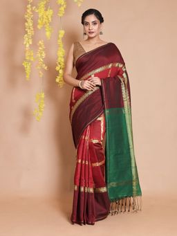 CHARUKRITI - Maroon Cotton Blend Handwoven Checkered Zari Woven Designs Saree with Unstitched Blouse