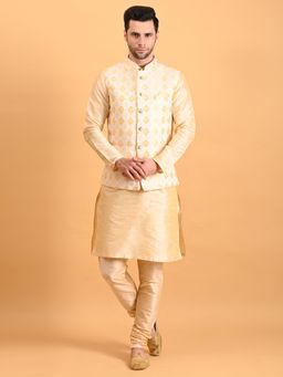 Uri and MacKenzie - Gold Silk Kurta With Pyjama And Nehru Jacket