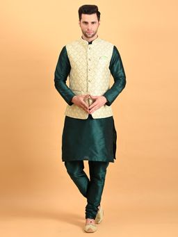 Uri and MacKenzie - Green Silk Kurta With Pyjama And Nehru Jacket