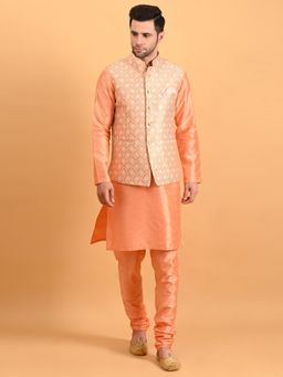 Uri and MacKenzie - Peach Silk Kurta With Pyjama And Nehru Jacket