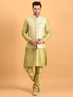 Uri and MacKenzie - Green Silk Kurta With Pyjama And Nehru Jacket