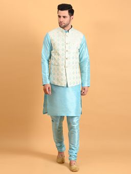 Uri and MacKenzie - Blue Silk Kurta With Pyjama And Nehru Jacket