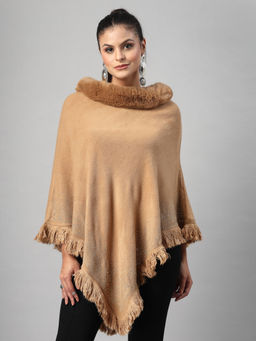 Mafadeny - Elegant With Fur Collar And Fringe Detailing Khaki Poncho