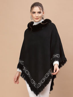 Mafadeny - Stylish Fur Collar And Embellished Border Black Poncho