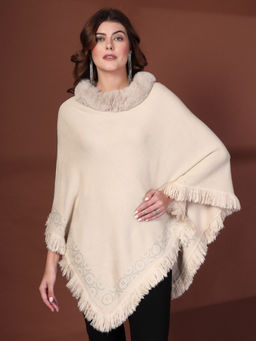 Mafadeny - Stylish Fur Collar And Embellished Border Beige Poncho