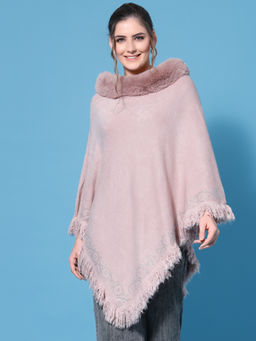 Mafadeny - Stylish Fur Collar And Embellished Border Peach Poncho