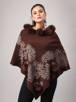 Mafadeny - Womens Embroidered Fur Pom-Pom Detailing Brown Poncho
