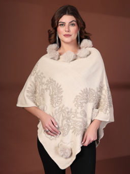 Mafadeny - Womens Embroidered Fur Pom-Pom Detailing Beige Poncho
