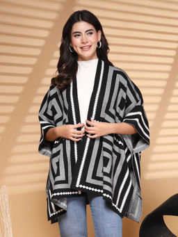 Mafadeny - Women Printed Long Line Black Poncho