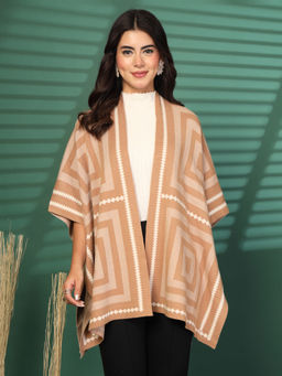 Mafadeny - Women Printed Long Line Khaki Poncho